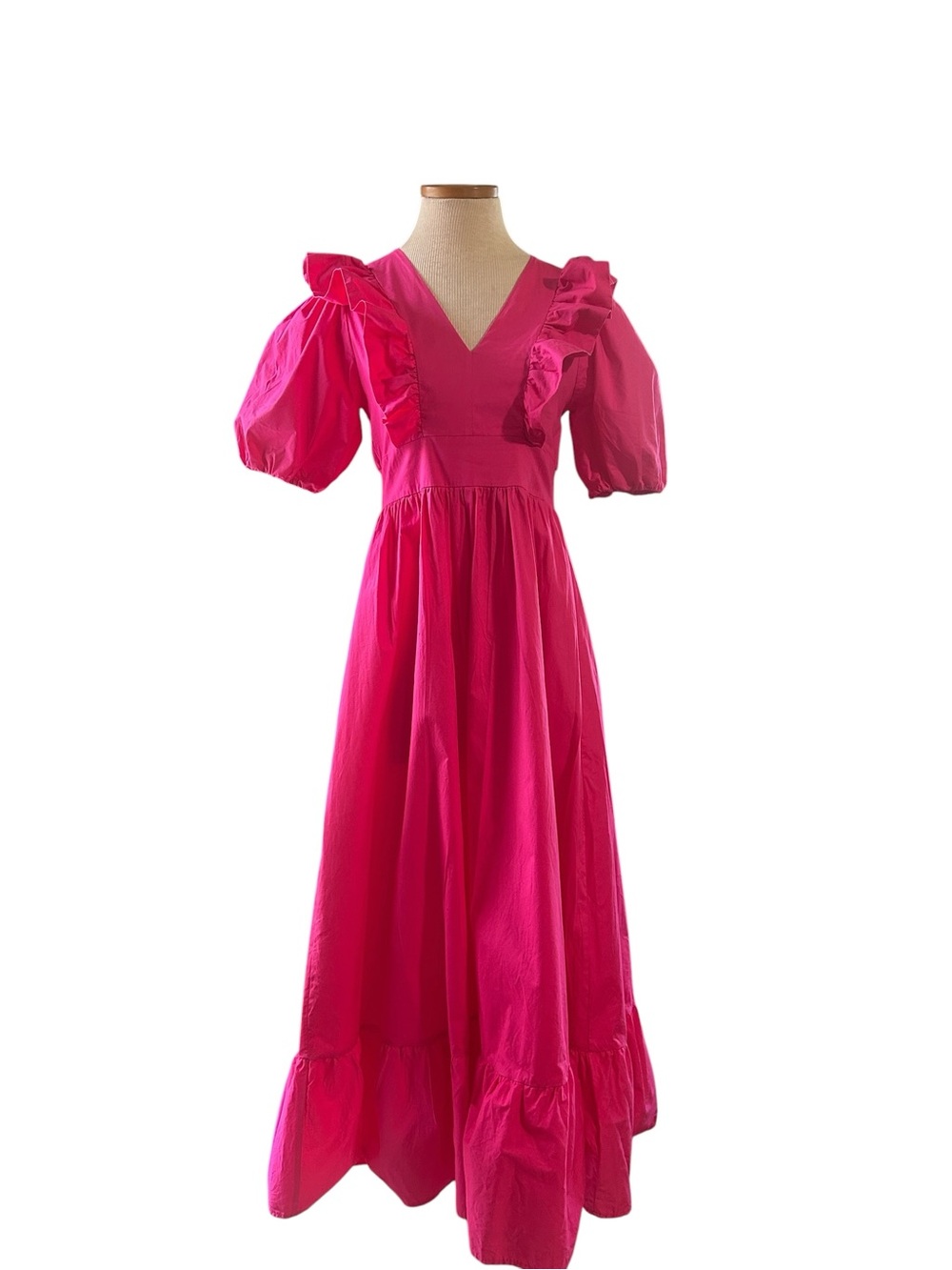 Karlie Hot Pink Ruffle Puff Sleeve Cotton Maxi Dress Size Small - Picture 3 of 8